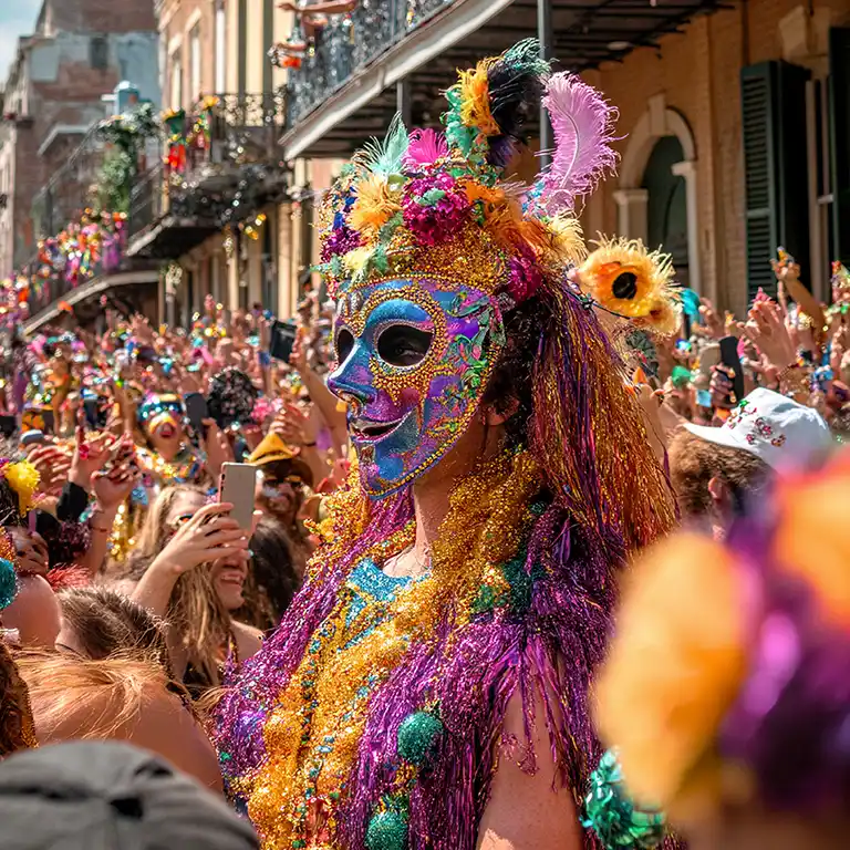 a crowd watching a mardi gras parade
