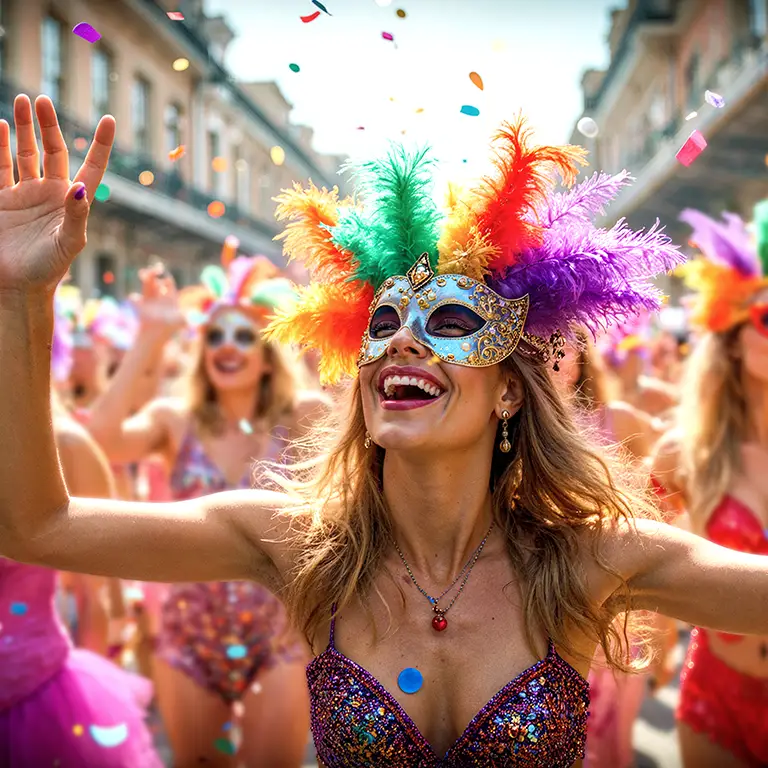 masked women dancing in a Mardi Gras parade in New Orleans